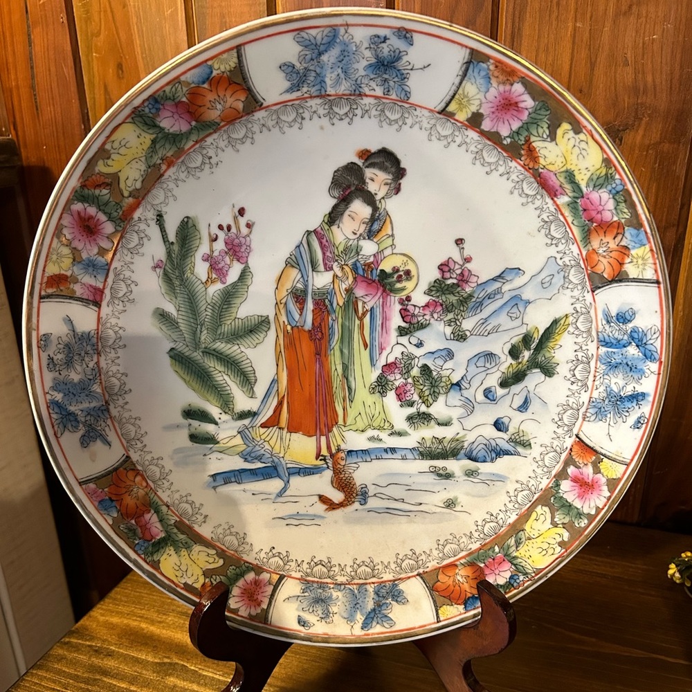 Hand painted large geisha and koi pond charger, Asian decor, chinoiserie